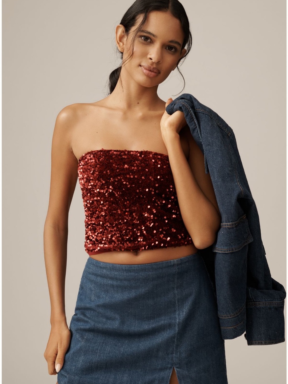 NWT Anthropologie Red / Burgundy Sequin Strapless Tube Top Size Large